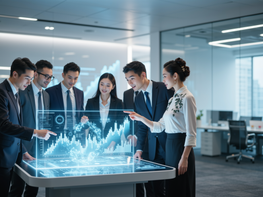 国际贸易办公室场景，现代化办公环境，商务人士在洽谈业务，蓝色背景，专业商务氛围